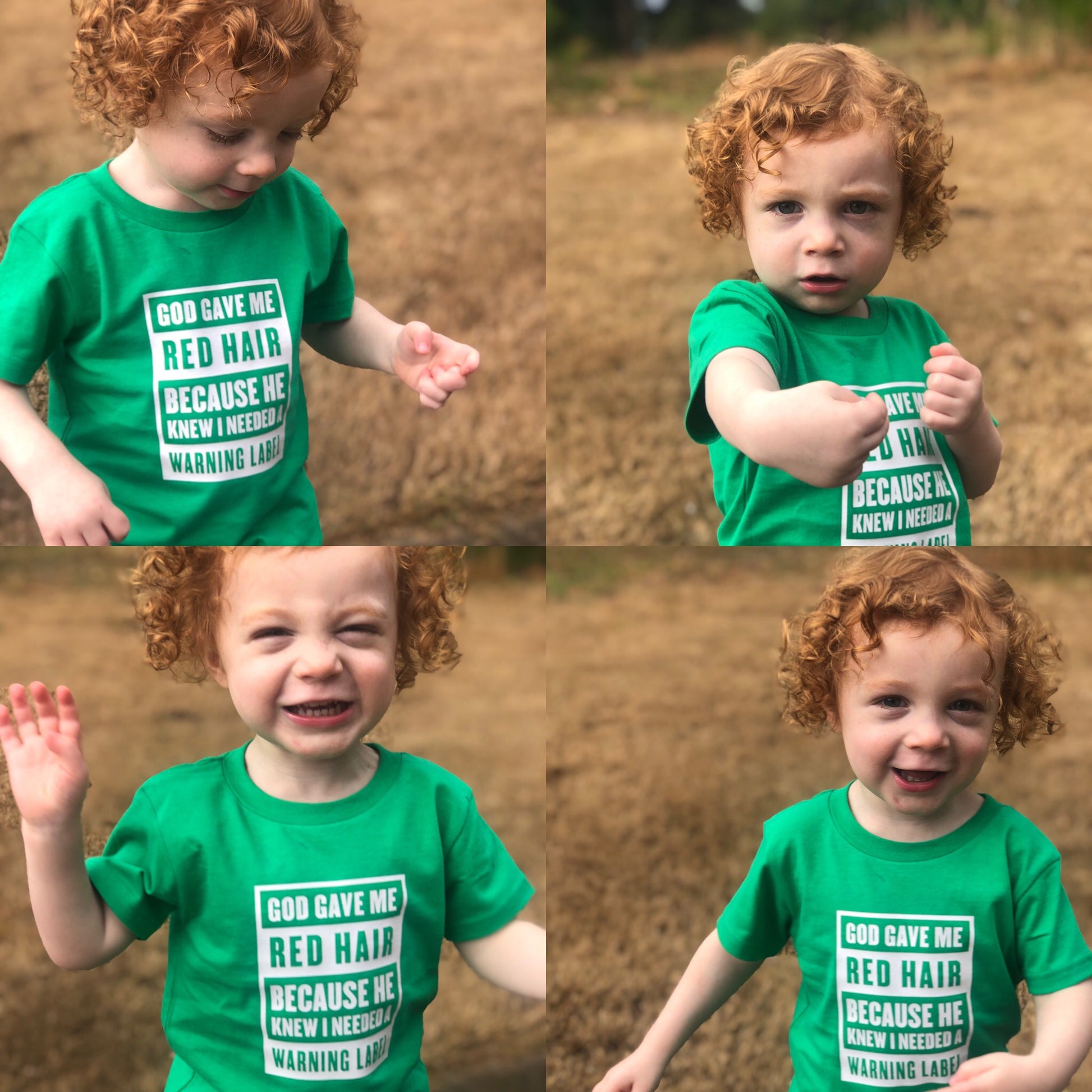 Collage of a young redheaded child wearing a green God Gave Me Red Hair Because He Knew I Needed a Warning Label St. Patrick’s Day shirt, shown smiling and posing outdoors.