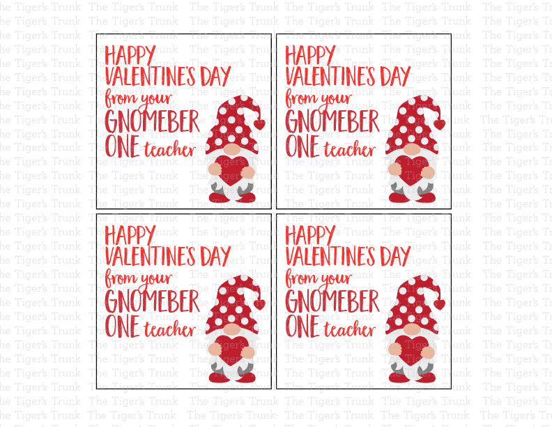 Digital download Valentine cards featuring colorful gnome designs, perfect for teachers to gift to students.