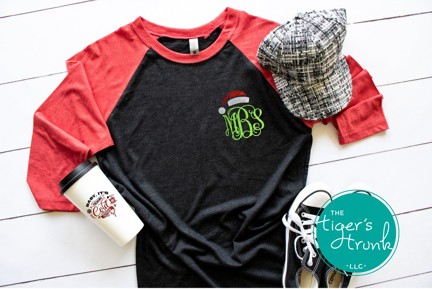 Holiday baseball tee with script green monogram and Santa hat