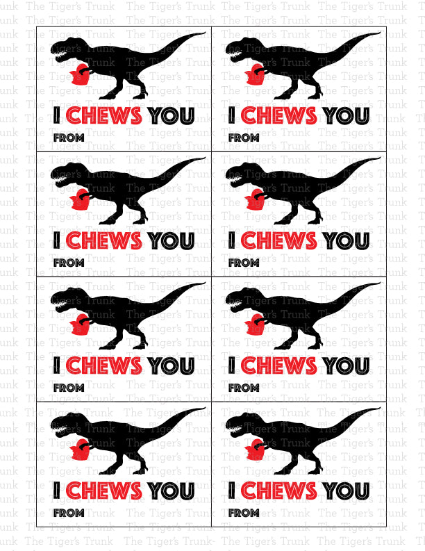 Digital Valentine’s cards featuring "I Chews You" with a dinosaur silhouette holding a bitten heart, perfect for kids, instant download.