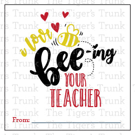 Valentine’s cards with a honey bee theme featuring "I Love Bee’ing Your Teacher," perfect for students.