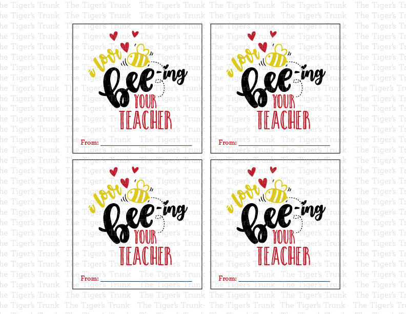 Valentine’s cards with a honey bee theme featuring "I Love Bee’ing Your Teacher," perfect for students.