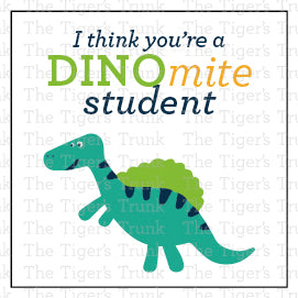 Printable Valentine tags for students with colorful dinosaur designs and the phrase "I Think You’re a DINOmite Student!" Perfect for teachers.