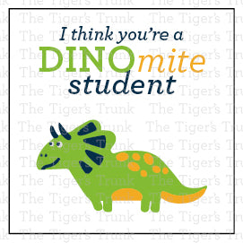 Printable Valentine tags for students with colorful dinosaur designs and the phrase "I Think You’re a DINOmite Student!" Perfect for teachers.