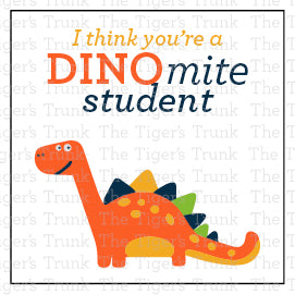 Printable Valentine tags for students with colorful dinosaur designs and the phrase "I Think You’re a DINOmite Student!" Perfect for teachers.