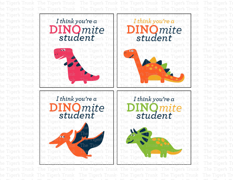 Printable Valentine tags for students with colorful dinosaur designs and the phrase "I Think You’re a DINOmite Student!" Perfect for teachers.