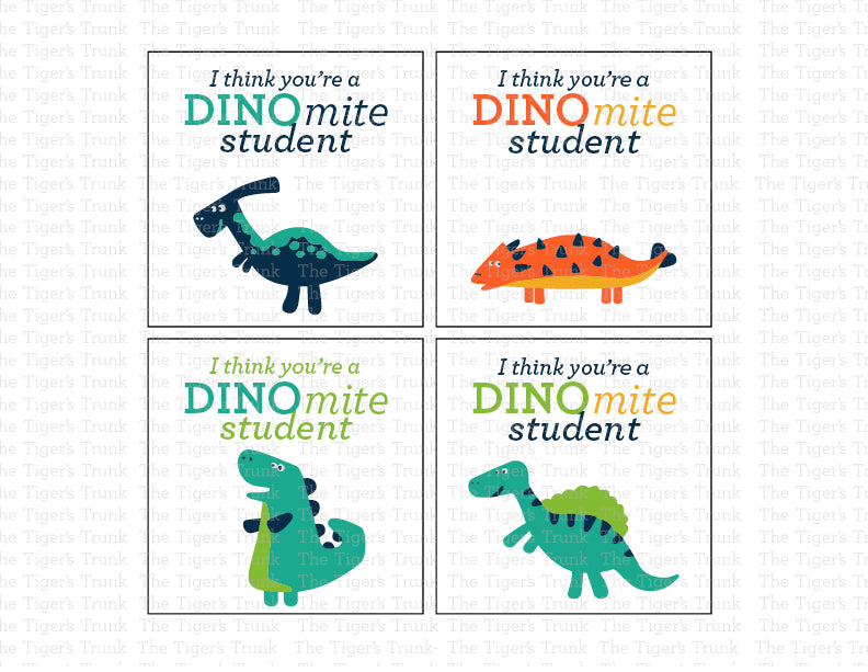 Printable Valentine tags for students with colorful dinosaur designs and the phrase "I Think You’re a DINOmite Student!" Perfect for teachers.