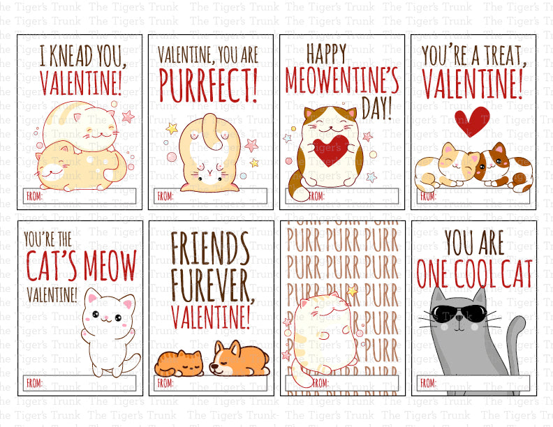 Valentine’s cards with a cat theme and messages like "I Knead You" and "You’re the Cat’s Meow."