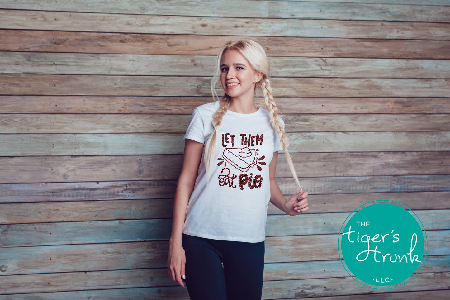 Let Them Eat Pie shirt styled with jeans and fall decor, cozy Thanksgiving tee