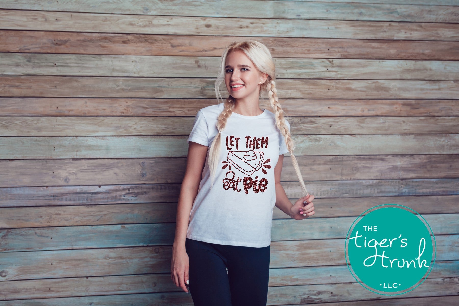 Let Them Eat Pie shirt styled with jeans and fall decor, cozy Thanksgiving tee