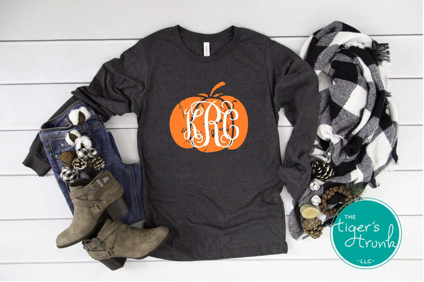 Monogrammed pumpkin shirt in gray, navy, or green with personalized initials, available in short or long sleeves