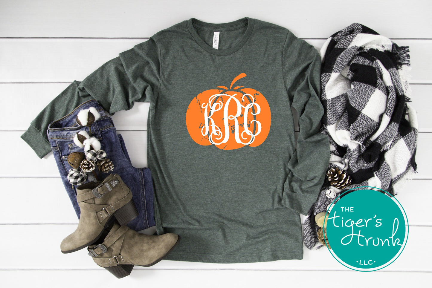 Personalized monogram pumpkin shirt in green long sleeve with fall accents