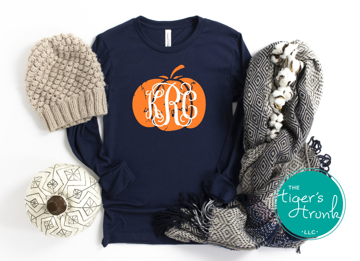 Monogrammed pumpkin shirt in gray, navy, or green with personalized initials, available in short or long sleeves