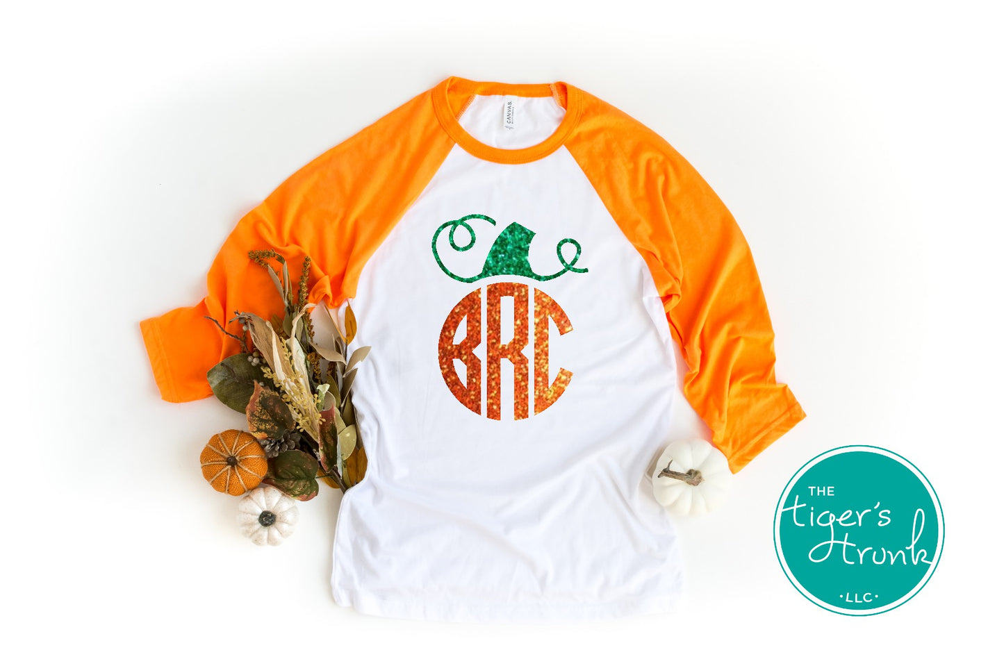 Personalized monogram pumpkin shirt in raglan and long-sleeve styles with glitter or matte finish, fall design