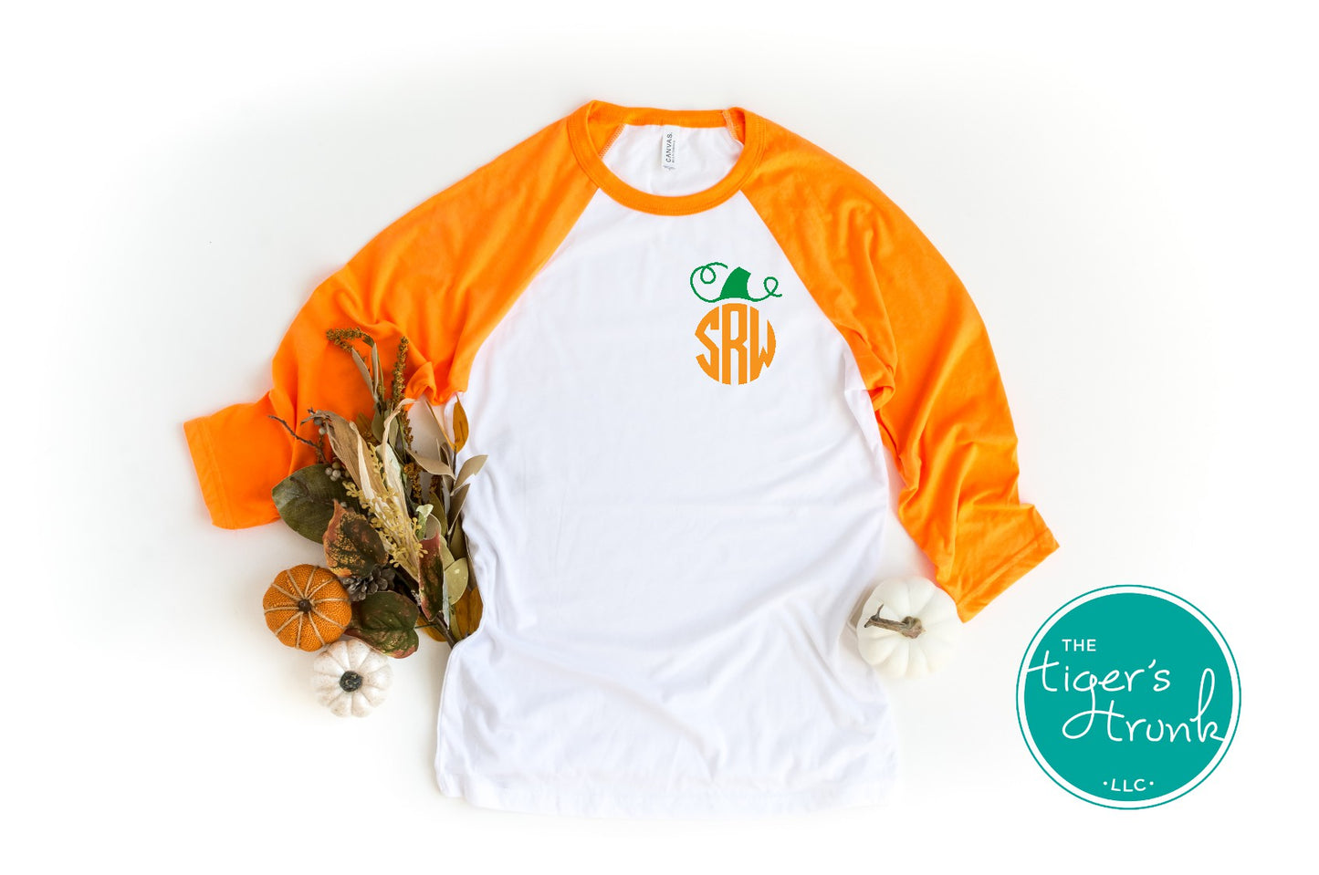 Personalized monogram pumpkin shirt in raglan and long-sleeve styles with glitter or matte finish, fall design