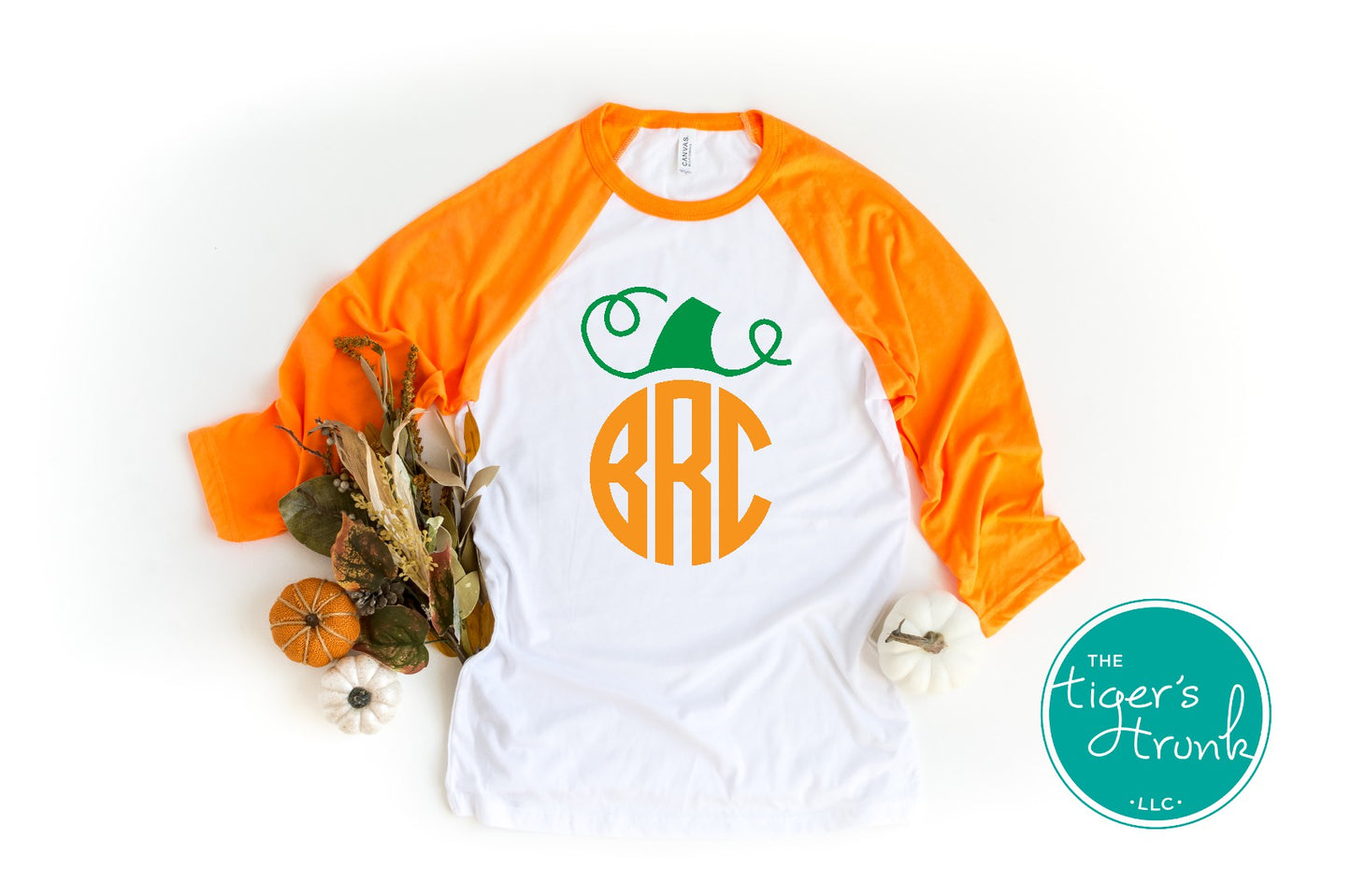 Personalized monogram pumpkin shirt in raglan and long-sleeve styles with glitter or matte finish, fall design