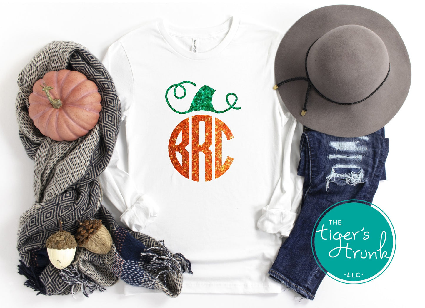 Personalized monogram pumpkin shirt in raglan and long-sleeve styles with glitter or matte finish, fall design