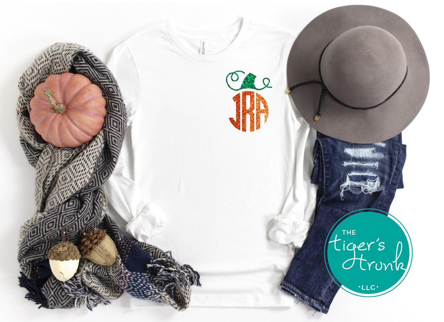 Personalized monogram pumpkin shirt in raglan and long-sleeve styles with glitter or matte finish, fall design