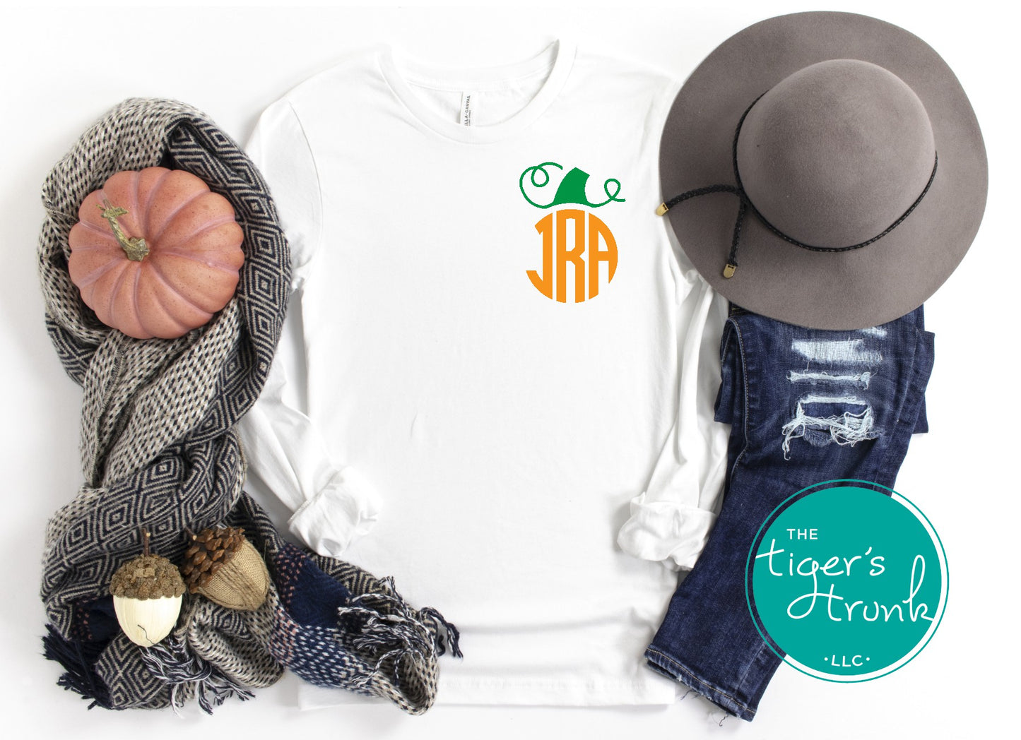 Personalized monogram pumpkin shirt in raglan and long-sleeve styles with glitter or matte finish, fall design