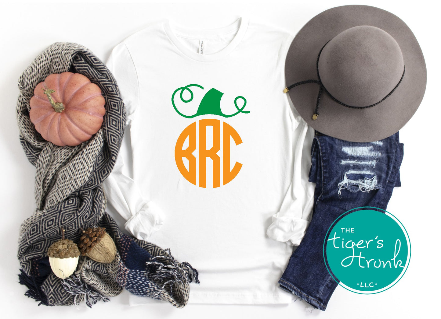 Personalized monogram pumpkin shirt in raglan and long-sleeve styles with glitter or matte finish, fall design