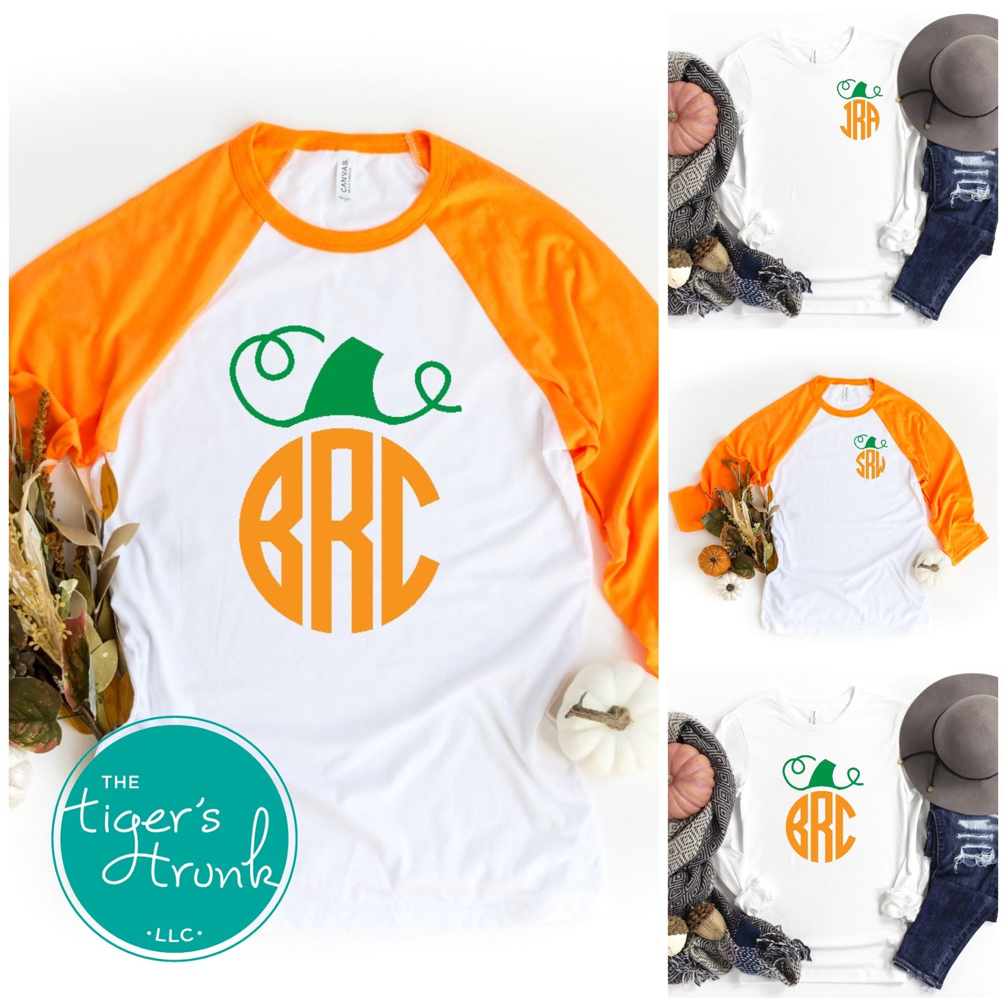 A collection of images showcasing a long-sleeve and a short-sleeve shirt with a monogrammed pumpkin design in orange and white colors. The shirts are displayed in different angles and one of them is folded to show the inside.