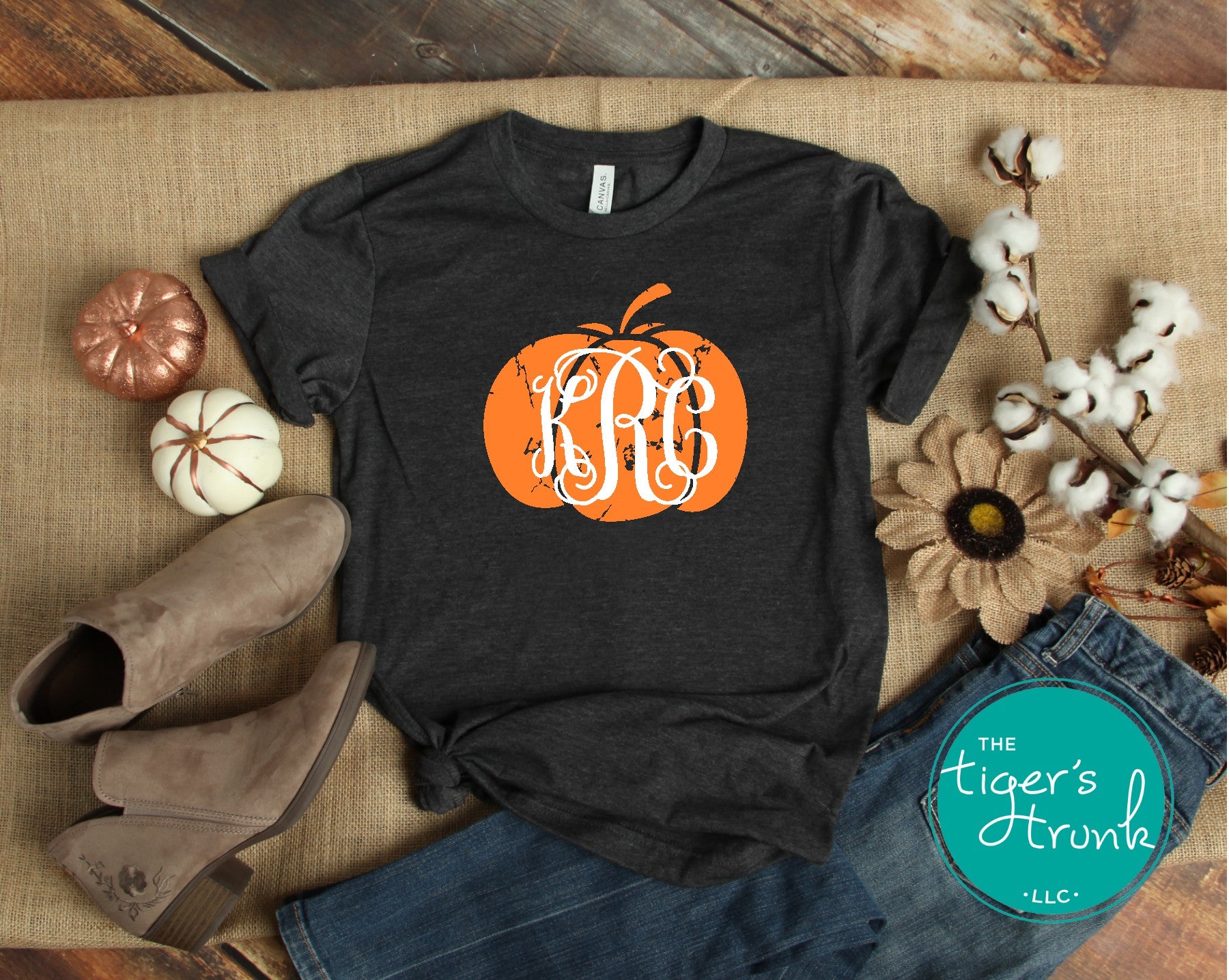 Monogrammed pumpkin shirt in gray, navy, or green with personalized initials, available in short or long sleeves