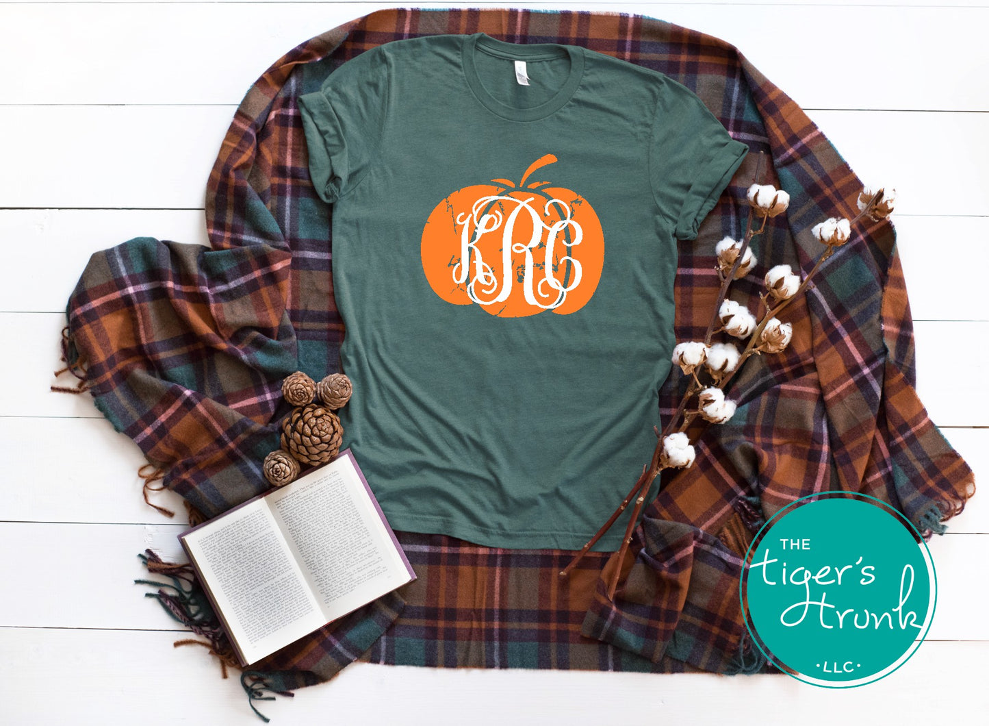 Monogrammed pumpkin shirt in gray, navy, or green with personalized initials, available in short or long sleeves