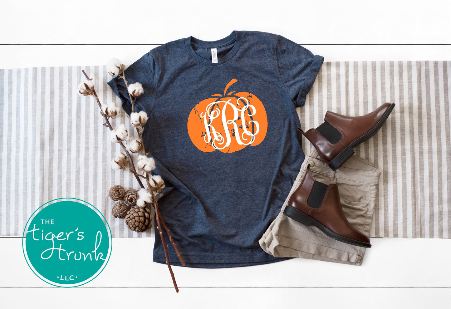 Monogrammed pumpkin shirt in gray, navy, or green with personalized initials, available in short or long sleeves
