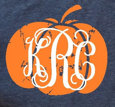 Monogrammed pumpkin shirt in gray, navy, or green, personalized fall tee with short or long sleeves