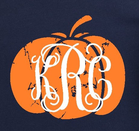 Monogrammed pumpkin shirt in gray, navy, or green, personalized fall tee with short or long sleeves