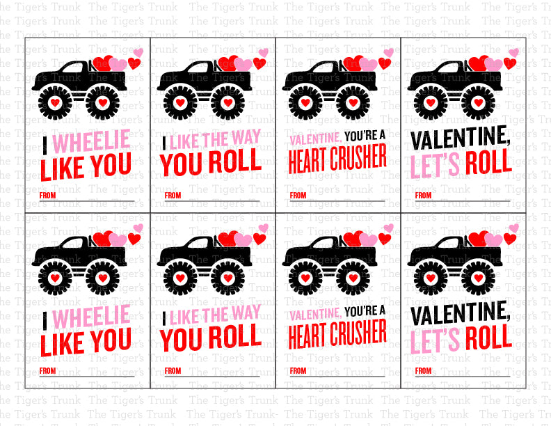 Printable Valentine’s Day cards featuring monster trucks and hearts, instant download with 4 unique designs for kids.