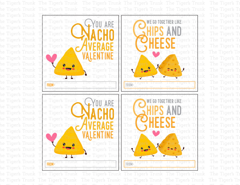 Nacho and chip-themed Valentine tags with phrases like "You Are Nacho Average Valentine," perfect for treat bags.