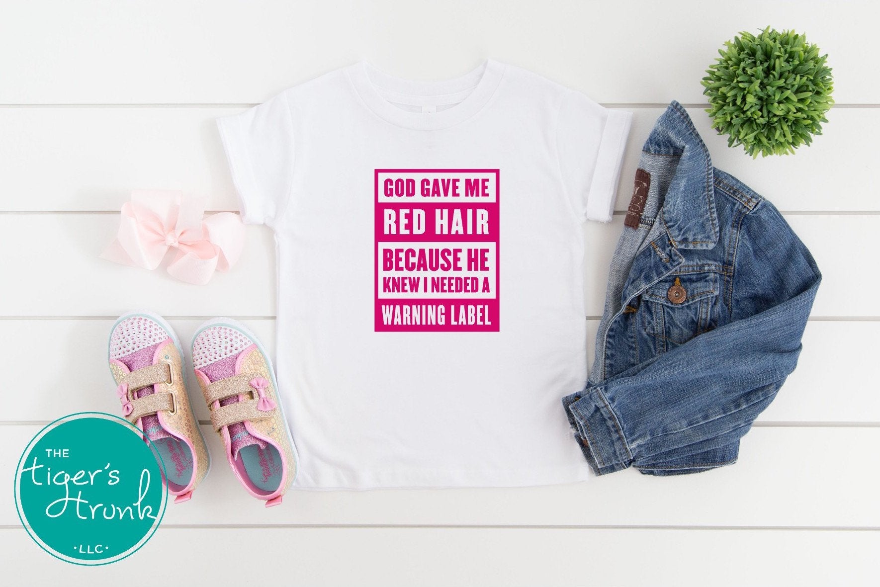 youth white shirt with hot pink text saying god gave me red hair because he knew I needed a warning label