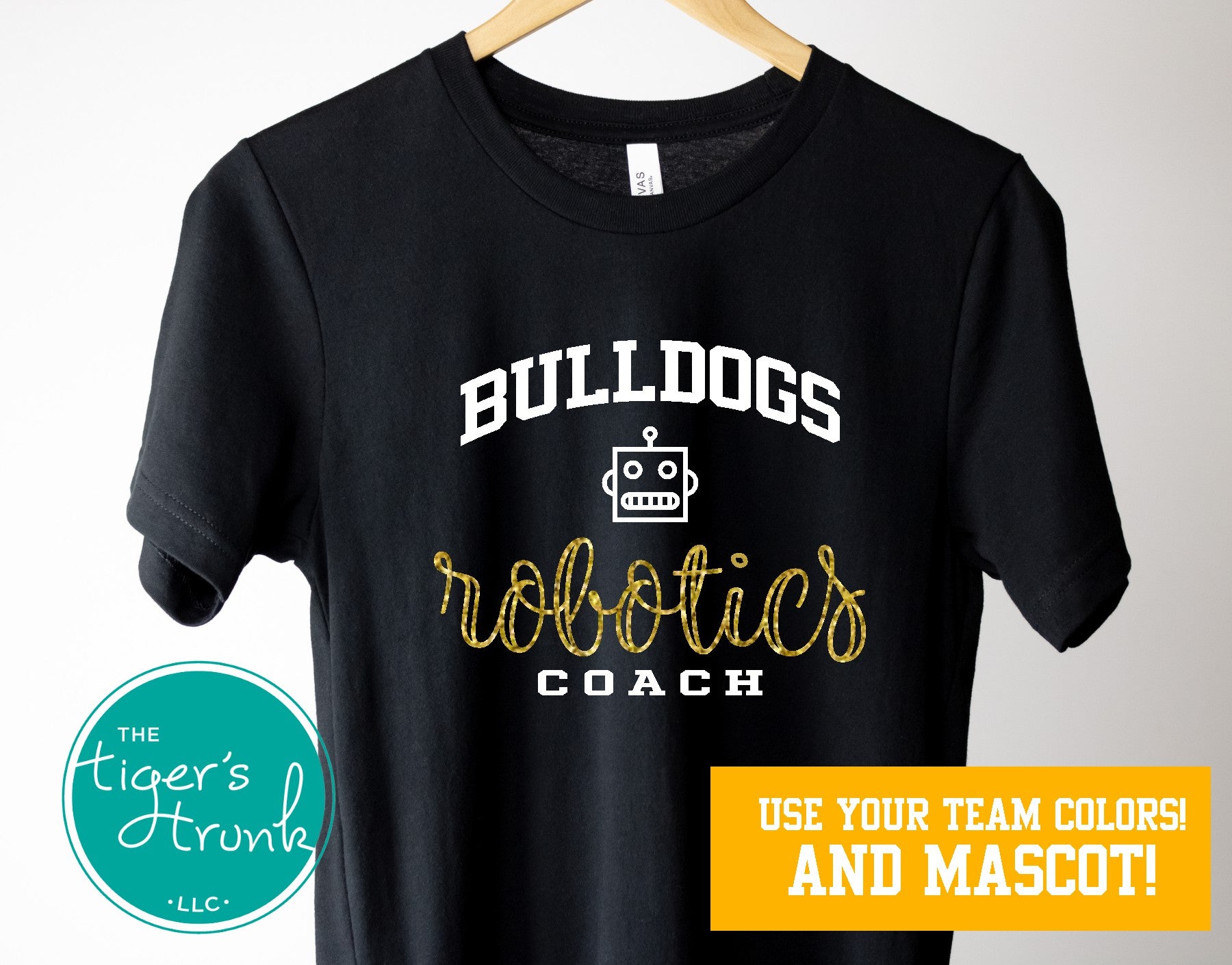 Black robotics coach shirt personalized with team mascot and school colors.