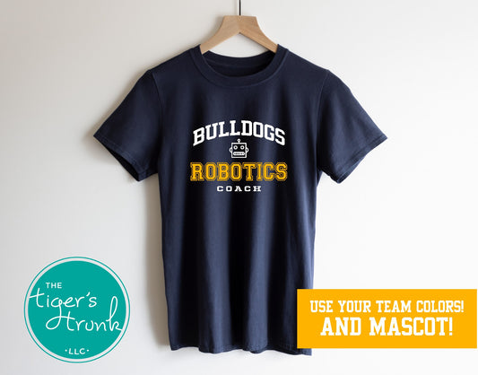 Navy robotics coach t-shirt customized with team mascot and school colors hanging on a wooden hanger.