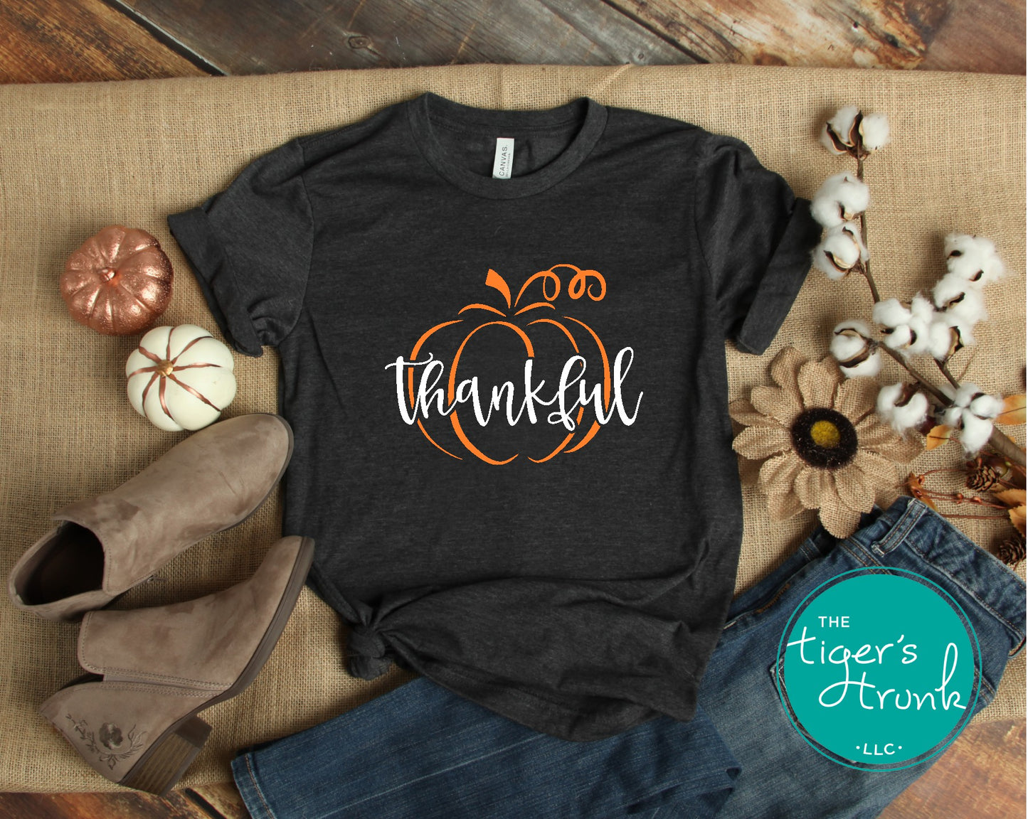 Heather dark gray thankful t-shirt with orange pumpkin and white script text