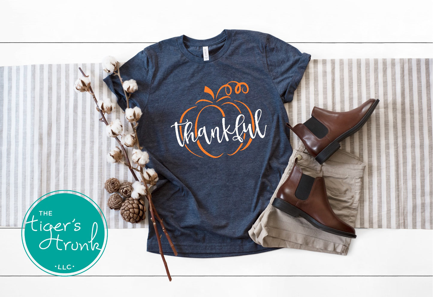Heather navy thankful pumpkin t-shirt for thanksgiving