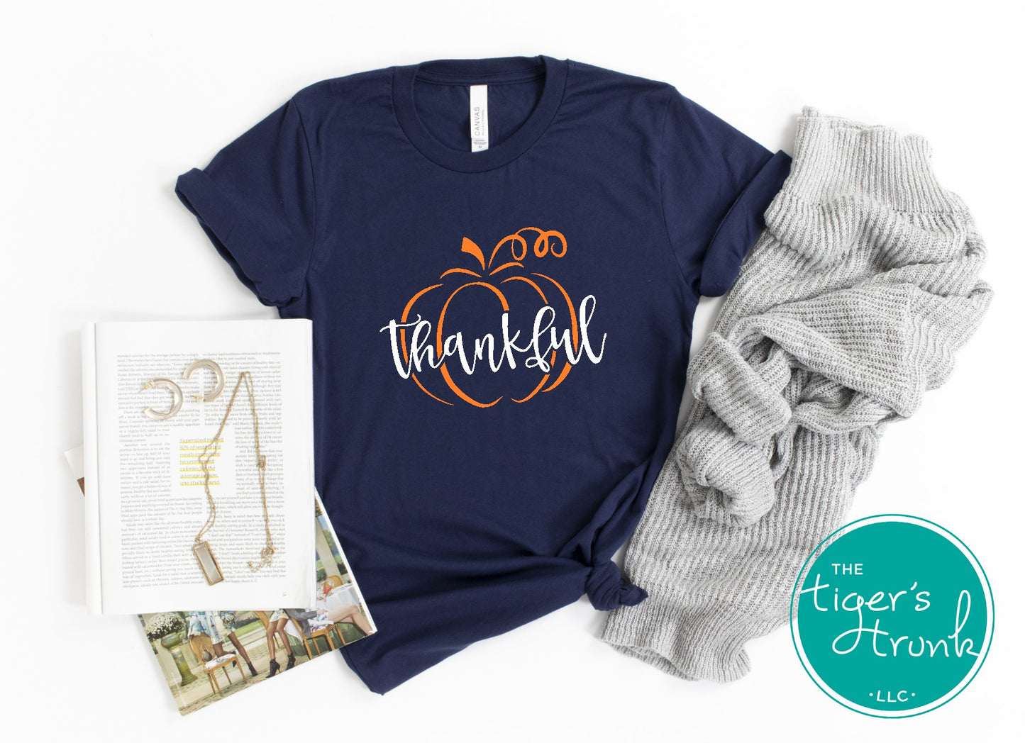 Navy short sleeve thankful pumpkin tee for thanksgiving season