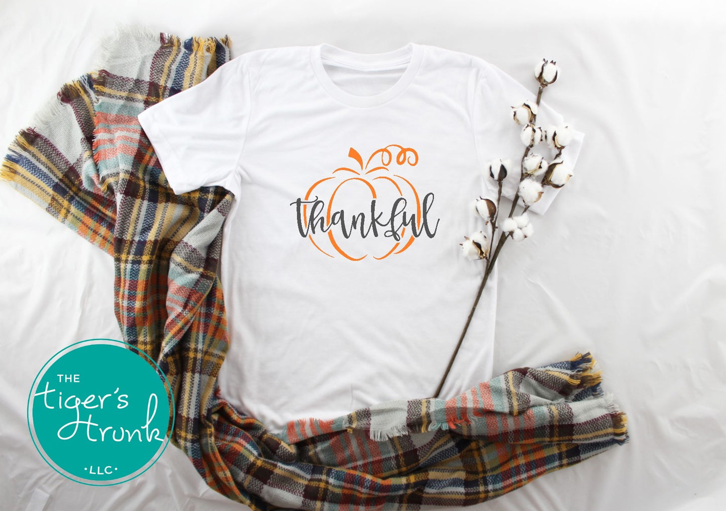 White short sleeve thankful t-shirt with gray pumpkin and script text