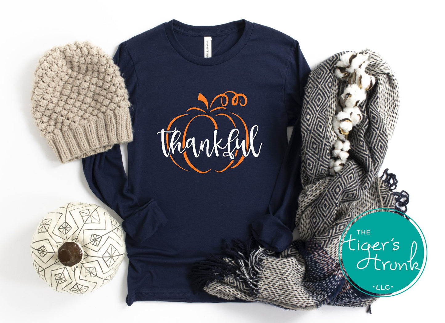 Navy long sleeve fall thankful shirt with pumpkin design, autumn apparel