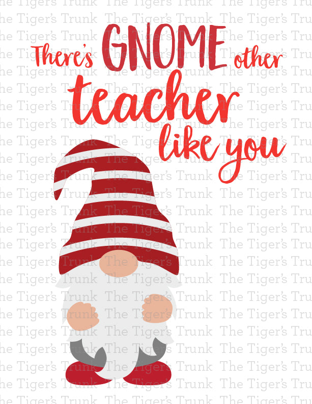 Printable gnome-themed teacher appreciation sign with the message "There’s Gnome Other Teacher Like You," instant download for classroom decor