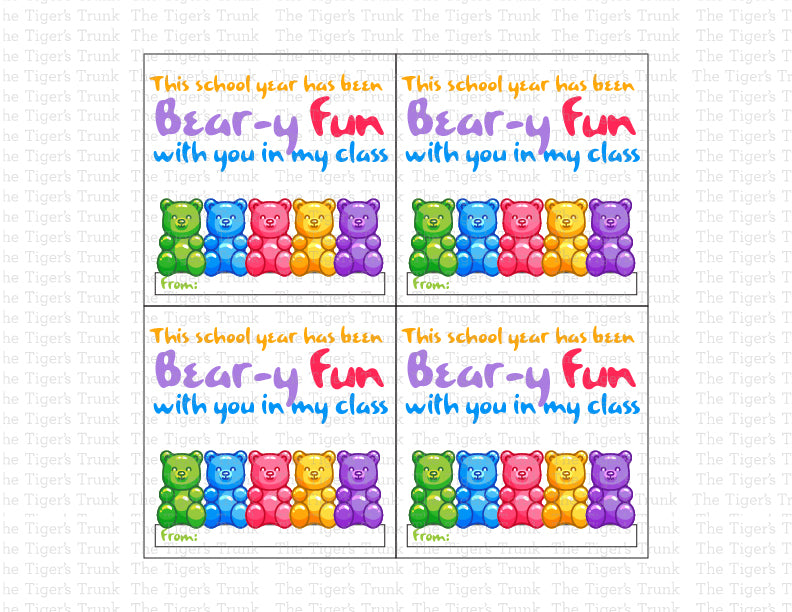 Printable end-of-year cards with a bear theme featuring "This School Year Has Been Beary Fun with You in My Class," perfect for teachers.