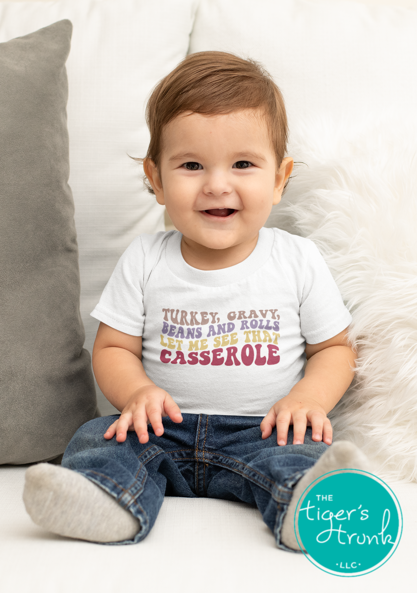 Funny Thanksgiving shirt and baby bodysuit with fall colors and phrase “Turkey, Gravy, Beans and Rolls, Let Me See That Casserole.”
