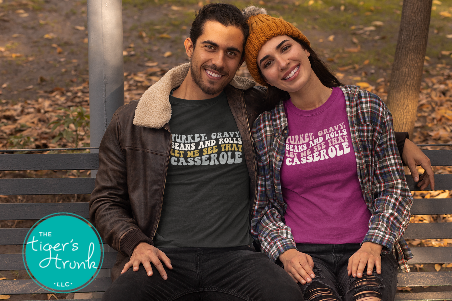 Funny Thanksgiving shirt and baby bodysuit with fall colors and phrase “Turkey, Gravy, Beans and Rolls, Let Me See That Casserole.”