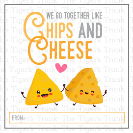 Nacho and chip-themed Valentine tags with phrases like "You Are Nacho Average Valentine," perfect for treat bags.