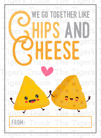 Nacho-themed Valentine tags featuring the message "We Go Together Like Chips and Cheese," perfect for treat bags.