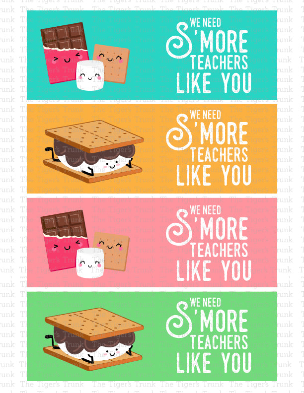 Printable s’more-themed teacher appreciation card with the message "We Need S’more Teachers Like You," instant download PDF